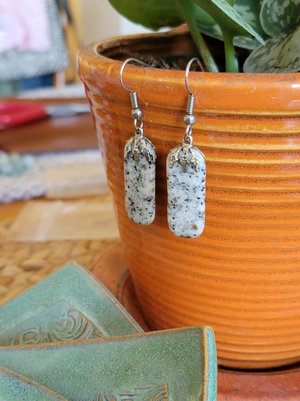 Handcrafted White Speckled Stone Drop Earrings